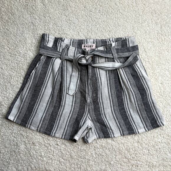 Mauby Stony Black White Stripe Linen Blend High Rise Short Large - Picture 2 of 10